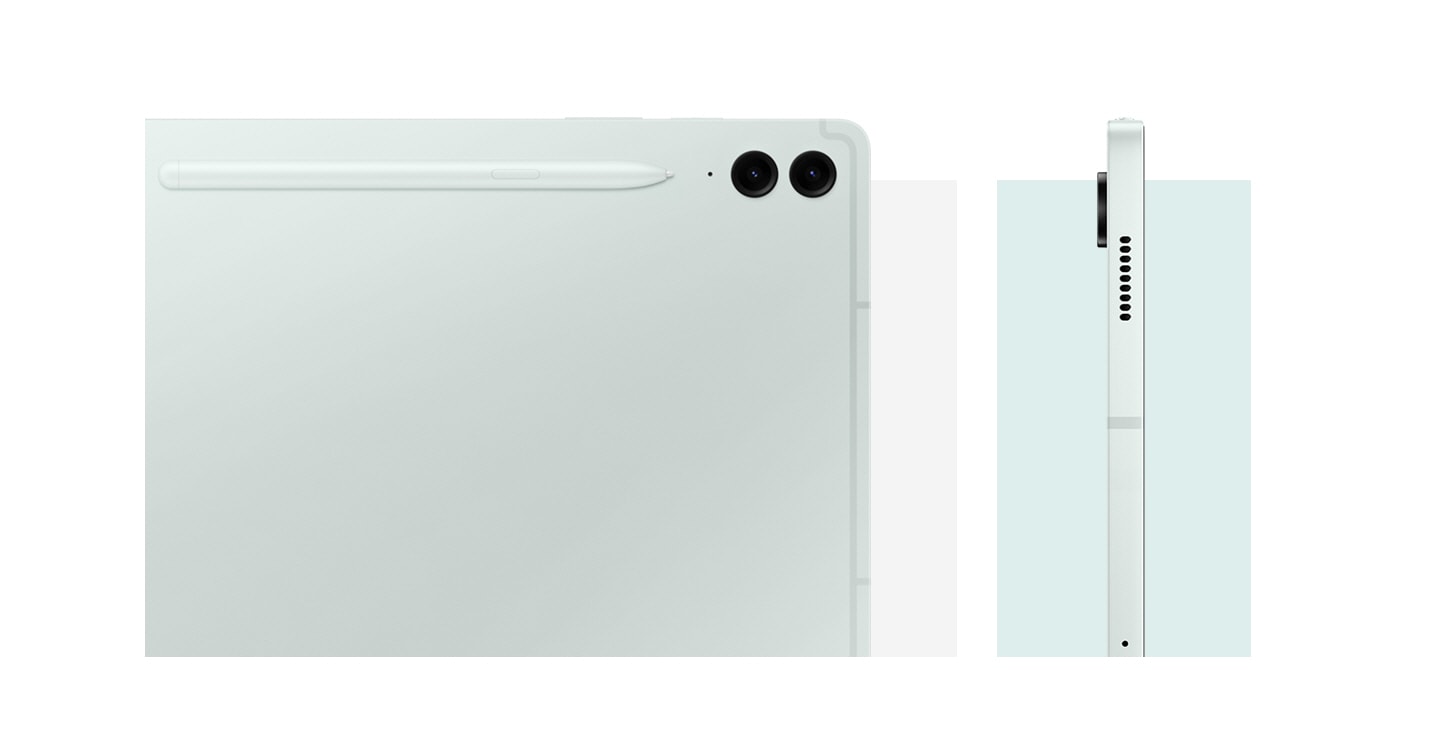 Close-up of the back of Galaxy Tab S9 FE+ in Mint, showcasing the rear design, camera system and attached S Pen. Another Galaxy Tab S9 FE+ in Mint is seen from the side, showcasing the design.