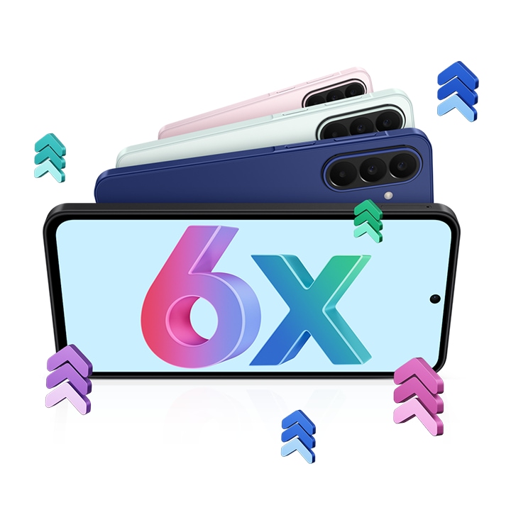 שלושה מכשירי Galaxy A27 5G בצבעים שונים מוצגים מאחור, כשהם חופפים זה לזה. מכשיר Galaxy A27 5G נוסף מוצג במצב תצוגה אופקית ובמבט מלפנים. במסך מופיע הכיתוב x6, שמציין ש-Galaxy A27 5G כולל 6 דורות שדרוג של מערכת ההפעלה ו-6 שנים של עדכוני אבטחה.