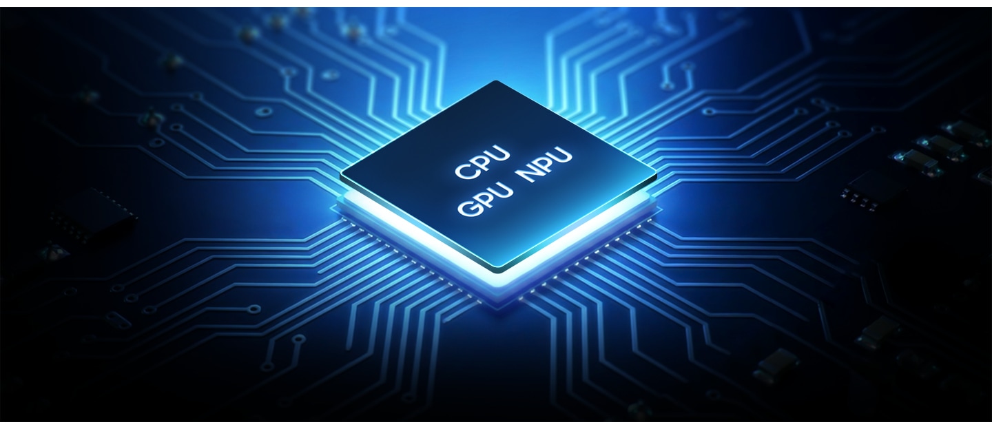 טקסט של שבב מעבד שמייצג את ה-CPU, ה-GPU וה-NPU של Galaxy A27 5G מוצג כשהוא מוטמע על גבי רשת.