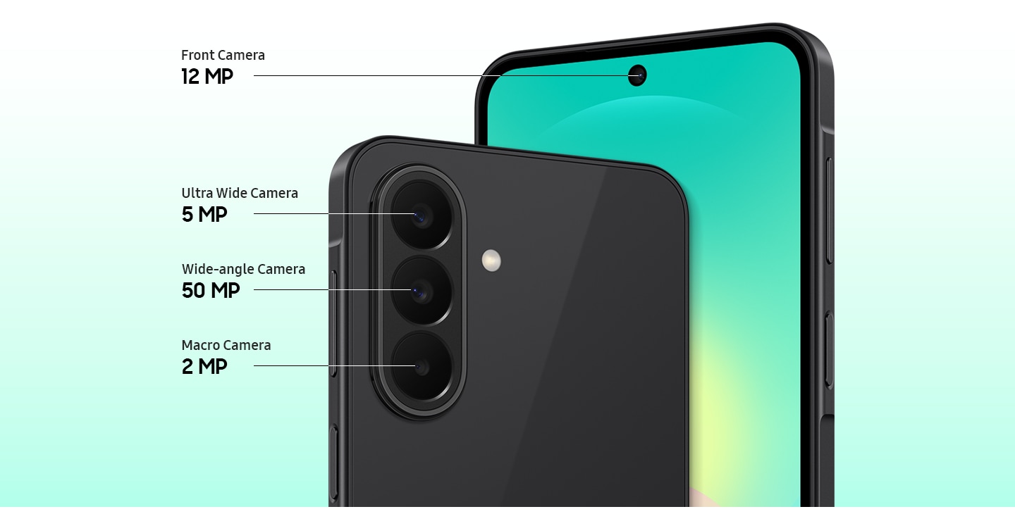 תקריב של מערך שלוש המצלמות בגב מכשיר Galaxy A27 5G בצבע שחור, ותקריב של המצלמה הקדמית. Galaxy A27 5G מצויד במצלמה עם עדשה רחבה של 50MP, מצלמה רחבה במיוחד של 5MP ומצלמת מאקרו של 2MP בגב המכשיר, ומצלמה קדמית של 12MP.